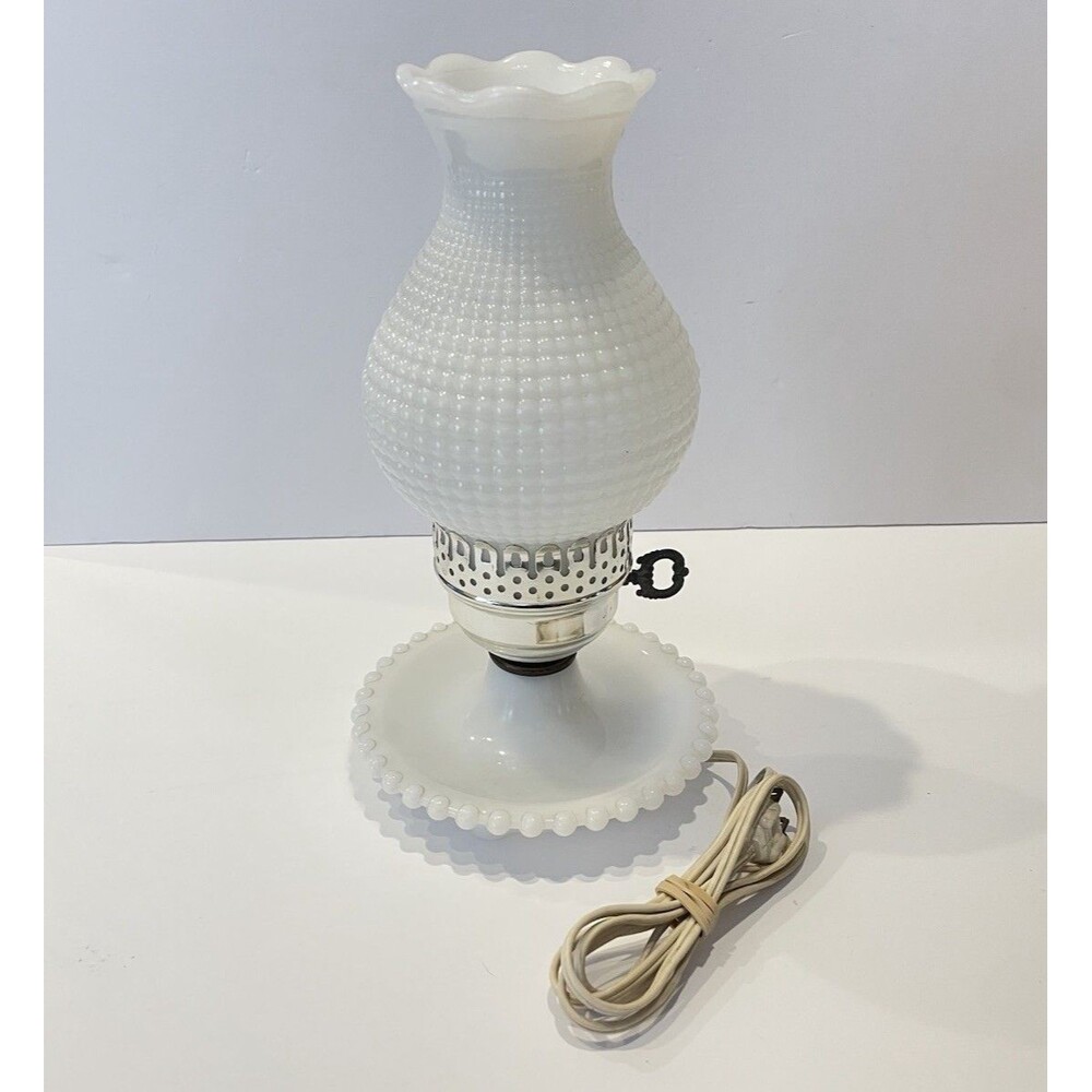 Vintage Milk Glass Hurricane Hobnail Table Boudoir Accent Lamp Ring Tray Cottage